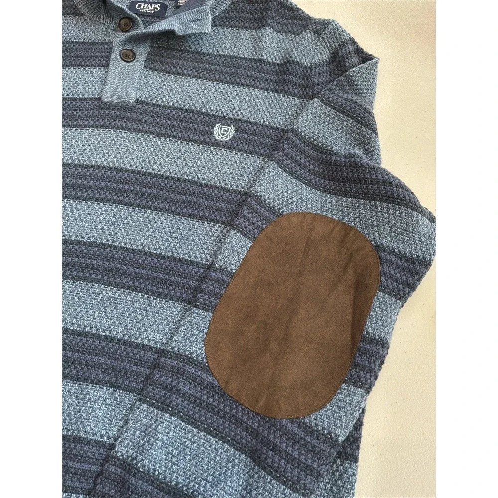 Chaps Sweater Mens Large Blue Mock Neck Henley 3 Button Elbow Patch Cotton